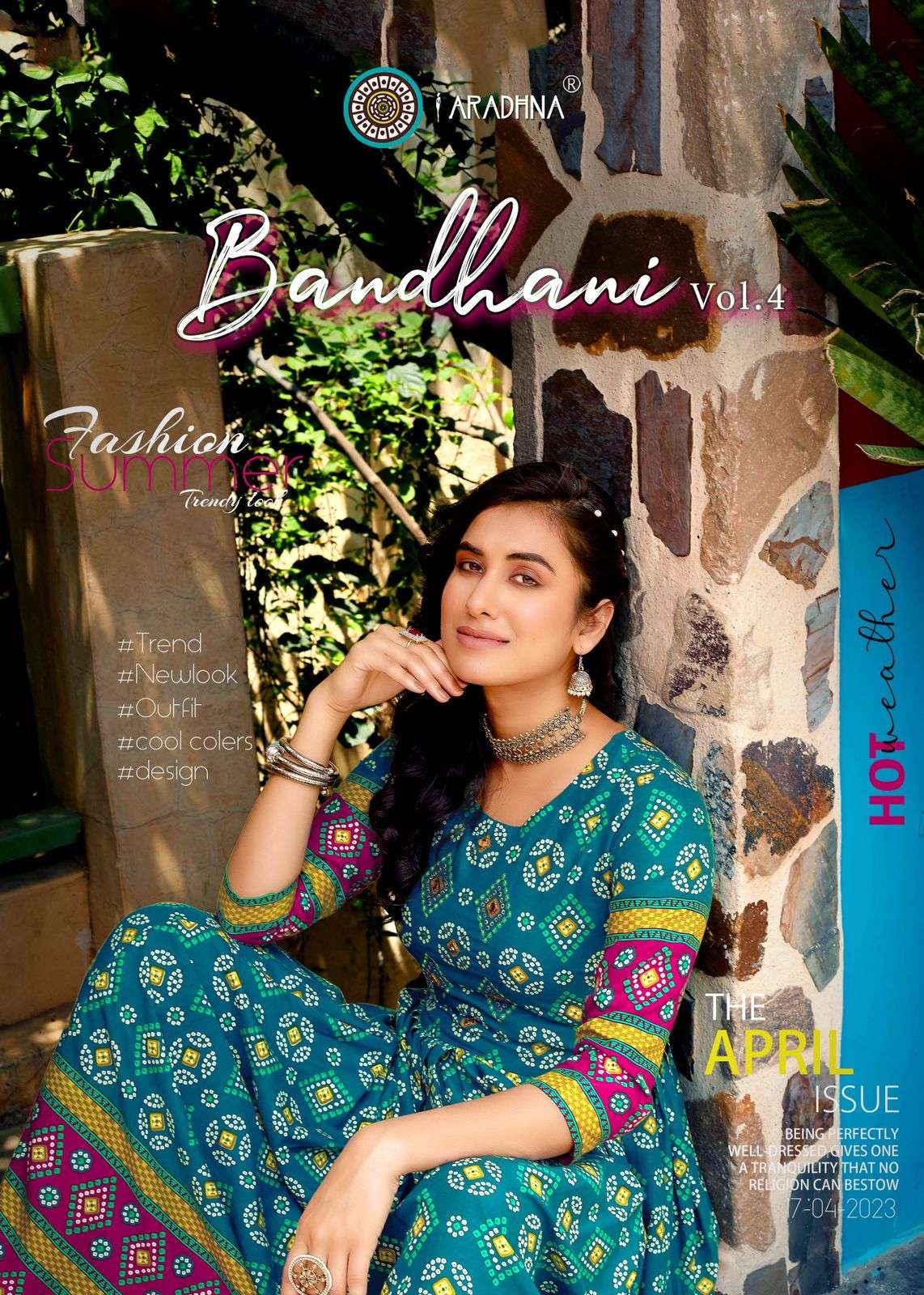 BANDHANI VOL 4 RAYON BANDHANI PRINT EMBROIDERY WORK LIVA TAG LONG GOWN KURTI BY ARADHNA BRAND POSTER